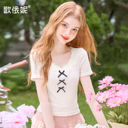 歌依妮2025夏季新款女甜美蕾絲方領修身蝴蝶結(jié)小個子短袖T恤衫上衣體恤 杏色 M