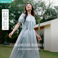 茵曼度假風(fēng)腰繩收腰連衣裙夏季女裝百搭溫柔燈籠袖氣質(zhì)長(cháng)裙淺藍色  L
