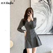 她芙（tafu）品牌女裝法式長袖襯衫連衣裙女2025春秋新款韓版氣質(zhì)收腰顯瘦短裙 灰黑色 L