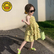 G.DUCKKIDS小黃鴨女童夏季新款雪紡連衣裙兒童碎花吊帶裙涼快小清新裙子洋氣 黃綠色 碎花吊帶群 90 建議身高85cm左b