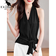袋鼠（DAISHU）法式氣質(zhì)V領(lǐng)掛脖桑蠶絲吊帶背心女夏季收腰綁帶小衫外穿無(wú)袖上衣 黑色 L