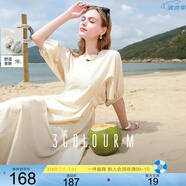 三彩2025夏季新款設計感連衣裙蝙蝠袖圓領收腰A字裙長裙M