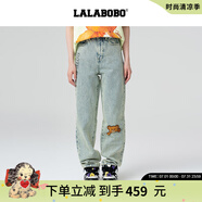 LALABOBO純棉小熊牛仔褲女2025新款美式復(fù)古高腰寬松哈倫長(zhǎng)褲子RBEA-ZC16 中藍(lán)白 常規(guī) 28