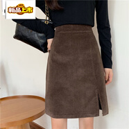 皮爾卡丹（pierre cardin）秋冬大碼燈芯絨半身裙高腰開(kāi)叉a字中裙女胖mm百搭黑色包臀一步裙 咖色【自帶安全褲】 加厚 L 100-115斤