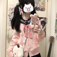 茉衣雅學(xué)院風(fēng)jk純色針織開(kāi)衫外套日系長(cháng)袖上衣校供感制服短裙套裝女 兩件套-粉色開(kāi)衫+細粉點(diǎn)領(lǐng)結 L