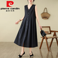 皮爾卡丹（pierre cardin）2025夏裝新款韓國復(fù)古v領(lǐng)連衣裙無袖寬松背心裙氣質(zhì)中長裙 黑色今年流行的輕奢品牌 M (建議90-120斤)