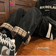 山森南獅燈芯絨闊腿褲男春秋新款韓版簡約格子翻邊直筒褲港風(fēng)休閑運動長褲 黑格子卷邊 薄款 S 【80斤以內(nèi)】