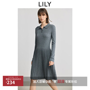 LILY2025春格雷系POLO領(lǐng)修身彈力垂感百褶裙灰色連衣裙針織裙女 501灰色 S