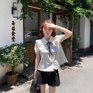 素織錦【清倉】學(xué)院風(fēng)百褶裙套裝裙子女日系短袖襯衫小個(gè)子短裙半身裙兩 短袖荷葉邊條紋襯衫+百褶裙 均碼