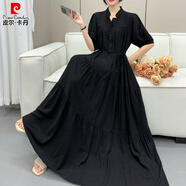 皮爾卡丹（pierre cardin）棉綢連衣裙大碼女裝胖m200斤寬松遮肚超大擺系帶收腰純色人造棉裙 Q黑色 XL 120-140斤