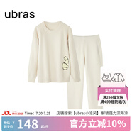 ubras半邊絨家居服情侶加絨加厚睡衣女加厚保暖睡衣套裝 豆乳白色-女款 【條紋褲款】 L