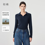 初棉polo領(lǐng)半開(kāi)襟長(cháng)袖T恤女25秋新品含羊毛彈力修身翻領(lǐng)針織上衣 海軍藍 L