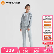 moodytiger兒童褲子春秋男童長褲女童運動褲肌理感拼接連帽外套家居服休閑褲 【女童外套】淺花灰 130 cm