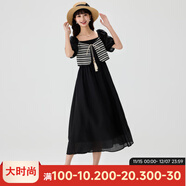 快魚(yú)復古時(shí)尚連衣裙2024新款女夏季假兩件設計拼接系帶泡泡袖長(cháng)裙 黑色 L