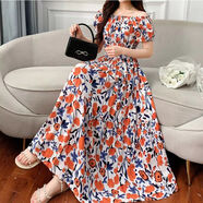 綺岑棉綢連衣裙女外穿夏季新款中長(zhǎng)款沙灘裙一字領(lǐng)碎花裙大擺印花收腰 1號(hào) M 體重85-105斤