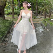 時(shí)尚仙女裙夏日透氣網(wǎng)紗蕾絲優(yōu)雅連衣裙長(cháng)裙子 粉紅色 S