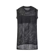 GOYN鏤空寬松遮肉針織休閑連衣裙女韓版夏季薄款無(wú)袖中長(cháng)裙子開(kāi)叉罩衫 黑色【贈抹胸】 S