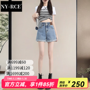 NY-RCE復(fù)古高腰牛仔短褲女2025年夏季寬松時(shí)尚顯瘦百搭卷邊闊腿a字熱褲 淺藍(lán)色 27