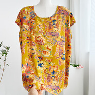 棉綢上衣女加大碼寬松單件套頭短袖薄款微胖mm人造棉家居服t恤衫 黃色國風(fēng)GFI 7XL 145-185斤