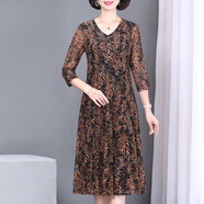 中年媽媽新款連衣裙夏季彈力貴夫人氣質(zhì)正品臺(tái)灣網(wǎng)紗春裝印花裙子 2F9101-2[七分袖] L L建議小于110斤內(nèi)