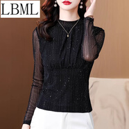 LBML品牌時(shí)尚亮絲網(wǎng)紗打底衫女長(cháng)袖春季新款修身內搭小衫百搭顯瘦蕾絲 a1739黑色長(cháng)袖 M