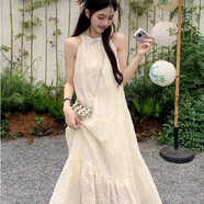 簡拉熊法式復(fù)古掛脖連衣裙女2025夏季新款仙女氣質(zhì)白色蕾絲海邊度假長裙 掛脖連衣裙均碼【80-120斤】
