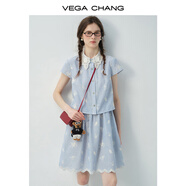 VEGA CHANG短袖連衣裙女2025新款夏蕾絲領(lǐng)條紋刺繡清新甜美仙女裙 藍色條紋(假兩件) M
