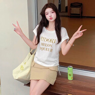 歐潤(rùn)娜韓版字母抽繩短袖T恤女夏新款2025顯瘦減齡洋氣小衫褶皺坎肩上衣 白色 XL 110-120