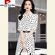 皮爾卡丹（pierre cardin）春季法式高端精致氣質名媛風情萬種感端莊大氣波點長袖連衣裙 白色波點連衣裙 XL 建議112-120斤