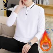 花花公子（PLAYBOY）2025新款秋裝男士polo.衫潮流翻領(lǐng)長(cháng)袖男t恤加絨有帶領(lǐng)上衣打底衫 330白色 400克 加絨 M 100斤內穿