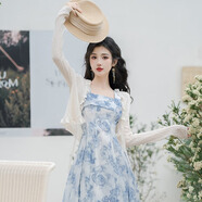 禾戀淑法式連衣裙裙子女夏季2025新款兩件套高級(jí)感氣質(zhì)套裝海邊沙灘長裙 藍(lán)花吊帶裙+米白開衫【兩件套】 M 【建議100-110斤】