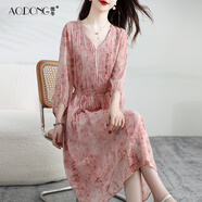 傲冬（AODOnG）2025新款真絲連衣裙女甜美燈籠袖桑蠶絲飄逸收腰顯瘦碎花氣質(zhì)裙子 粉色 L （建議120斤以?xún)龋?
                                         title=