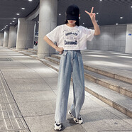 木清清牛仔闊腿褲女童套裝高腰顯瘦童裝薄款夏季2024新款寬松大童兩件套 白色 110 cm