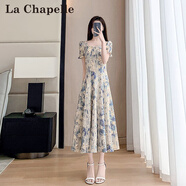 拉夏貝爾（La Chapelle）法式方領(lǐng)藍(lán)色雪紡碎花連衣裙女夏季2025新款高腰收腰顯瘦a字裙子 碎花 XL 建議120-130斤