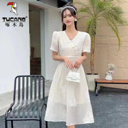 啄木鳥(niǎo)天絲棉麻純色中長(cháng)款連衣裙小白裙新中式提花A字裙盤(pán)扣雙層洋氣夏 米白色 M 80-100 斤
