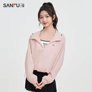 三福防曬服2025新款夏季印花裝飾寬松連帽休閑短款外套女裝 粉紅 S