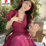 皮爾卡丹（pierre cardin）衣依秀露背法式新款泡泡連衣裙氣質(zhì)夏季腰顯綁帶天內長(cháng)裙發(fā)貨 樹(shù)梅粉 L