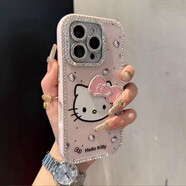 小莓介邊框鑲鉆閃粉hellokitty貓?zhí)O果16promax手機(jī)殼新款KT貓15立體閃鉆蝴蝶結(jié)14pro保護(hù)套16全包13p防摔 蝴蝶結(jié)貓咪【全包邊鑲鉆】少女粉 iPhone 16 Pro