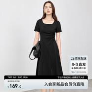 尚都比拉通勤A字連衣裙女夏季顯瘦小黑裙短袖中長裙 黑色152L59178  M