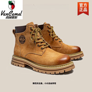 西域駱駝馬丁靴男款高幫真皮冬季加絨戶(hù)外工裝登山情侶中幫踢不爛大黃靴女 黃棕色真皮版-駱駝官方品牌 35 女