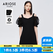 艾諾絲雅詩【商場同款】夏新珍珠網(wǎng)紗泡泡袖短袖小清新小黑裙連衣裙10429006 黑色 M