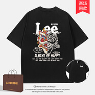 Lee Redpoi純棉夏季新款領(lǐng)口字母印花潮流短袖潮牌男女情侶寬松百搭休閑體恤 黑色 L
