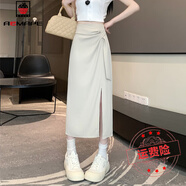 AEMAPE不規(guī)則雪紡西裝半身裙女夏綁帶高腰A字一步裙側(cè)開叉褶皺包臀長裙 杏色 L 建議105-115斤