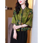 意枕上2026春夏新中式印花香云紗真絲上衣女七分袖立領(lǐng)桑蠶絲開(kāi)衫媽媽裝 綠色 L 【建議106-115斤】
