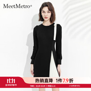 MeetMetro瑪依爾不規(guī)則撞色連衣裙女2025夏裝設(shè)計(jì)感蝴蝶結(jié)百褶裙氣質(zhì)a字裙 黑白MJ936933 M