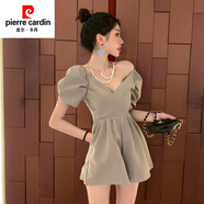 皮爾卡丹（pierre cardin）夏季新款法式小個(gè)子連體衣女裝網(wǎng)紅連身雪紡一字領(lǐng)肩連體短褲套裝 灰紫色 S