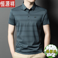 恒源祥高檔桑蠶絲短袖t恤男士夏季爸爸裝翻領(lǐng)真絲polo衫條紋體恤上衣 蘭色(T9818款） L 170/ (建議115-135斤）