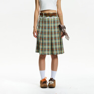 江南先生NewJNXS 美式復古格紋高腰百搭半身裙夏季蕾絲拼接中長(cháng)裙 淺綠格紋 L