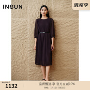 INSUN恩裳專選2024秋季新款風(fēng)琴褶五分袖雪紡藍(lán)色連衣裙 酒紅 XL