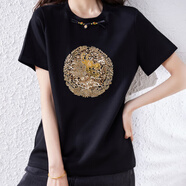 薩拉維夫 SLLAVIF品牌時尚復(fù)古刺繡T恤女短袖2025夏新款新中式打底衫寬松上衣春季 黑色 L